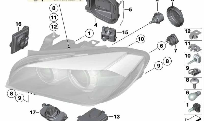 Tapa de cubrimiento de luz larga izquierda para BMW X1 E84 (OEM 63112993431). Original BMW