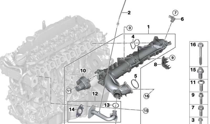 Sistema de admisión con válvula EGR OEM 11618598052 para BMW G30, G31, G11, G12, G05, G06, G07. Original BMW.