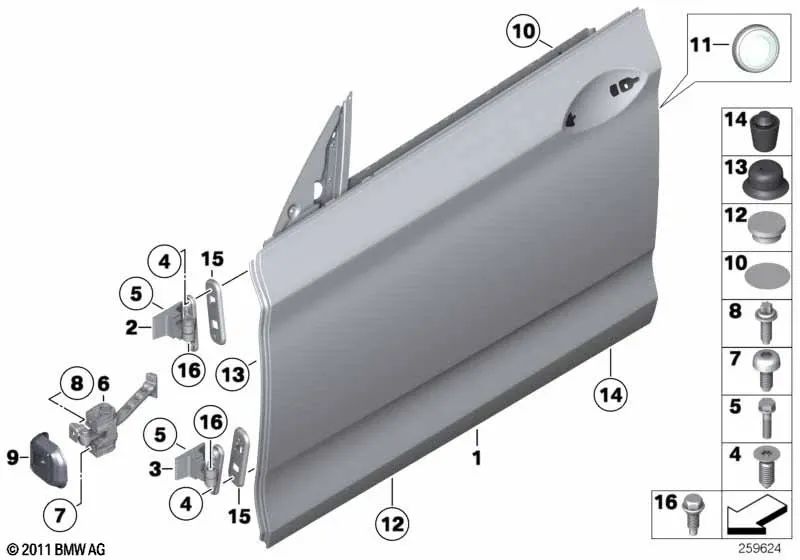 Front lower right door hinge for BMW 5 Series F07, F07N (OEM 41007228158). Original BMW