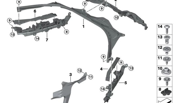 Soporte superior delantero izquierdo OEM 61128791081 para BMW G42, G20, G21, G22, G23, G26. Original BMW.