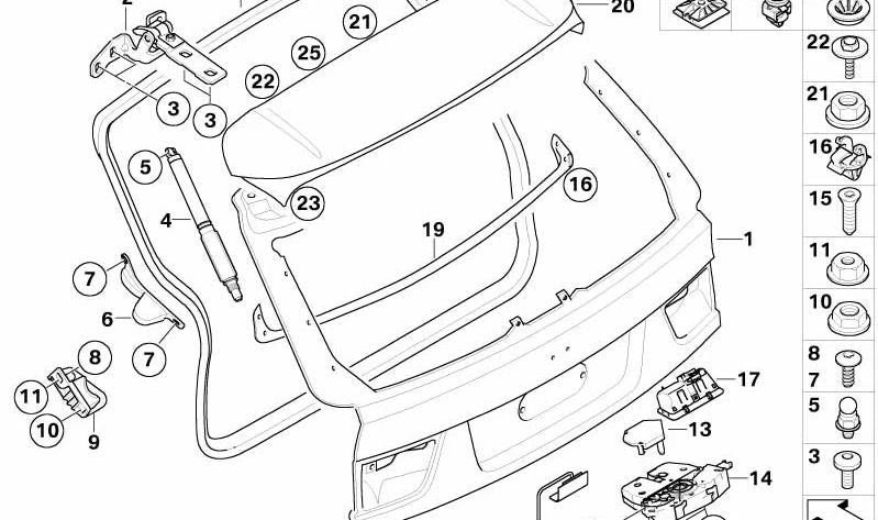 Cierre de la tapa trasera izquierda para BMW X5 E70 (OEM 51247211235). Original BMW