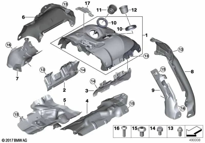 Protección térmica derecha para BMW Serie 5 F07, F10, F11, G30, Serie 6 F06, F12, F13, Serie 7 F01N, F02N, G11, G12, X5 F15, X6 F16 (OEM 11657603060). Original BMW