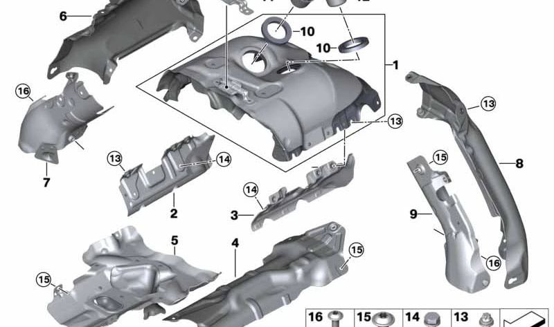 Protector térmico trasero OEM 11658652464 para BMW F07, F10, F11, G30, G31, F06, F12, F13, F01, F02, F04, G11, G12, G14, G15, G16, E70, F15, G05, E71, E72, F16, G06, G07. Original BMW.