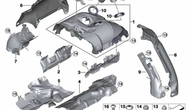 Pantalla térmica de turbocompresor para BMW Serie 5 G30, Serie 7 G11, G12, Serie 8 G15, X5 G05, X7 G07 (OEM 11658600298). Original BMW