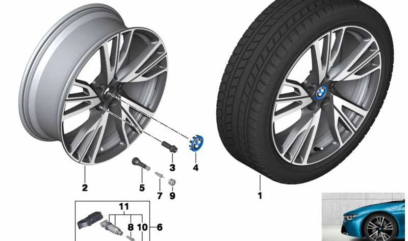 Light alloy wheels in matt black OEM 36116885173 for BMW I12 (i8 Coupé) and I15 (i8 Roadster). Original BMW.