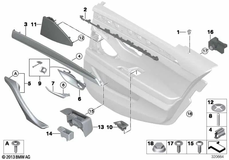 Embellecedor de puerta de madera Fineline trasero izquierdo para BMW F10, F11, F18 (OEM 51427225525). Original BMW