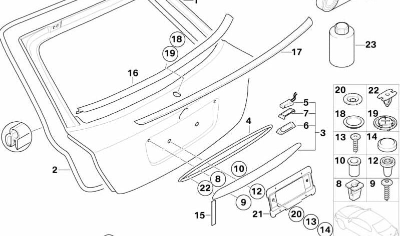 Moldura de Agarre del Portón Trasero con Botón para BMW E46 (OEM 51137170966). Original BMW