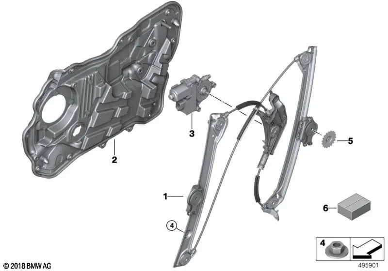 Rear Right Window Regulator Mechanism for BMW G32, G32N (OEM 61359448934). Original BMW.