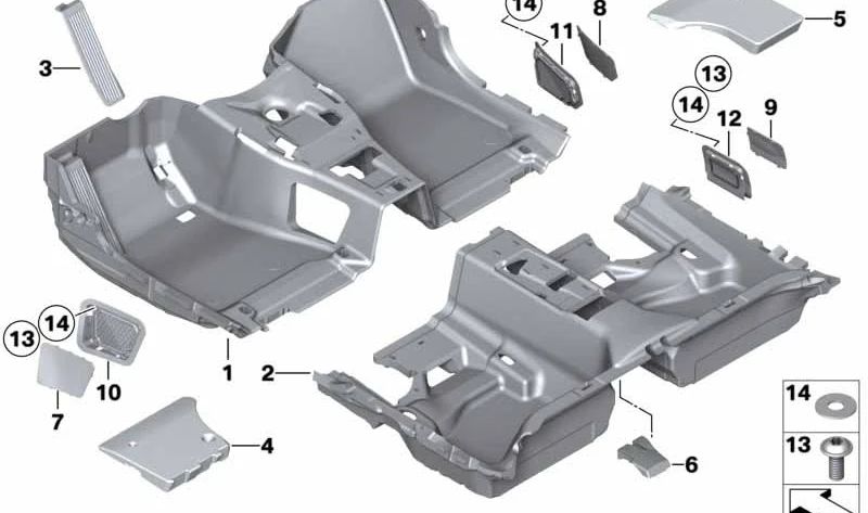 Inserto para el suelo delantero izquierdo para BMW E81, E87N, E90, E91, E92N, E93, E84 (OEM 51479125333). Original BMW.