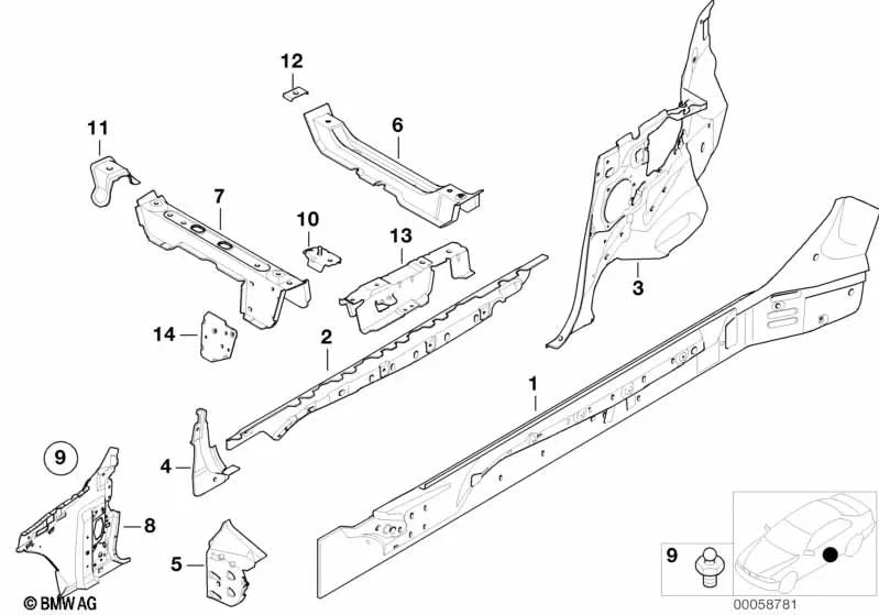 Front Left Pillar Closing Plate for BMW 3 Series E46 (OEM 41217022409). Original BMW