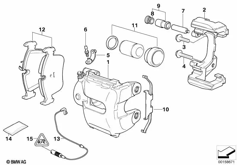 Carcasa de pinza de freno derecha para BMW Serie 5 E60, E60N, E61, E61N Serie 6 E63, E63N, E64, E64N Serie 7 E65, E66 (OEM 34116768068). Original BMW.