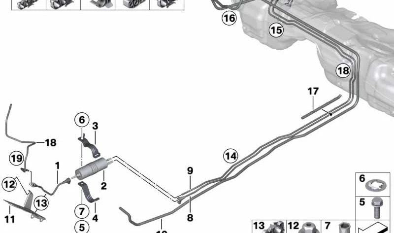 Tubería de suministro de combustible trasera para BMW Serie 3 F30, F31, F80, Serie 4 F32, F33, F36, F82, F83 (OEM 16127318359). Original BMW