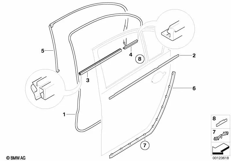 Sellado del marco del techo de la puerta trasera derecha para BMW E60, E60N (OEM 51227344654). Original BMW