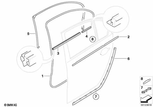 Sellado del marco del techo de la puerta trasera derecha para BMW E60, E60N (OEM 51227344654). Original BMW