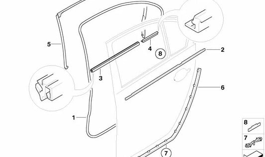 Cubierta de ranura exterior puerta trasera izquierda para BMW Serie 5 E60, E60N (OEM 51227897665). Original BMW.