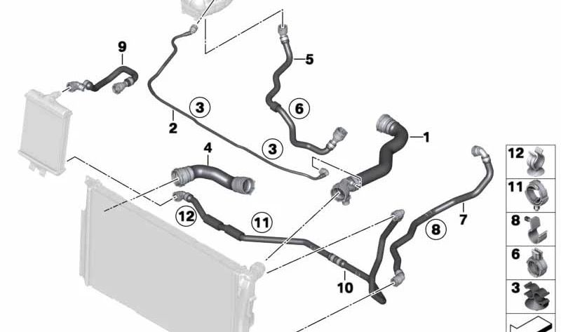 Tubo del depósito de compensación para BMW Serie 3 F30, F31, F34 y Serie 4 F32, F33, F36 (OEM 17128583477). Original BMW.