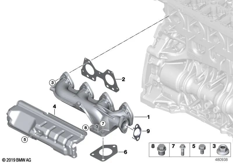 Exhaust Manifold for BMW 1 Series E81, E82, E87N, E88, F20, F21, 2 Series F22, 3 Series E90, E91, E92, E93, F30, F31, F34, 4 Series F32, F33, F36, 5 Series E60N , E61N, F07, F10, F11, X1 E84, X3 E83N, F25 (OEM 11627810182). Genuine BMW.