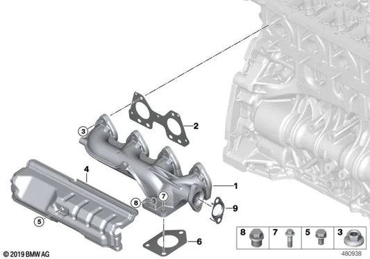 Colector de escape para BMW Serie 1 E81, E82, E87N, E88, F20, F21, Serie 2 F22, Serie 3 E90, E91, E92, E93, F30, F31, F34, Serie 4 F32, F33, F36, Serie 5 E60N, E61N, F07, F10, F11, X1 E84, X3 E83N, F25 (OEM 11627810182). Original BMW.