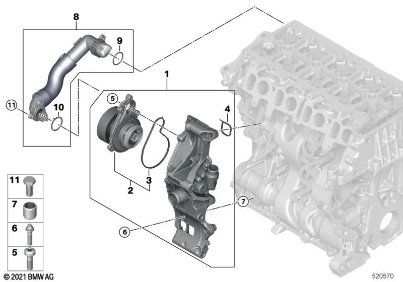 Bomba de refrigerante con soporte para BMW Serie 1 F40, Serie 2 F44, F45N, F46, F46N, U06, X1 F48, F48N, U11, X2 F39, y MINI F54, F54N, F55, F55N, F56, F56N, F57, F57N, F60, F60N (OEM 11518631940). Original BMW.