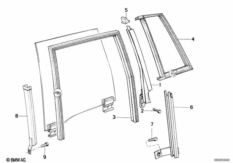 Einteilige Fensterführung links für BMW 3er E30 (OEM 51341906807). Original BMW