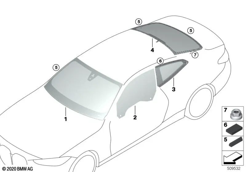 Cristal lateral puerta trasera izquierda para BMW Serie 4 G23, G83 (OEM 51357955237). Original BMW