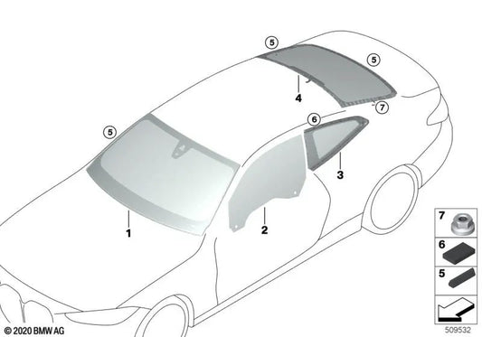 Cristal lateral puerta trasera izquierda para BMW Serie 4 G23, G83 (OEM 51357955237). Original BMW