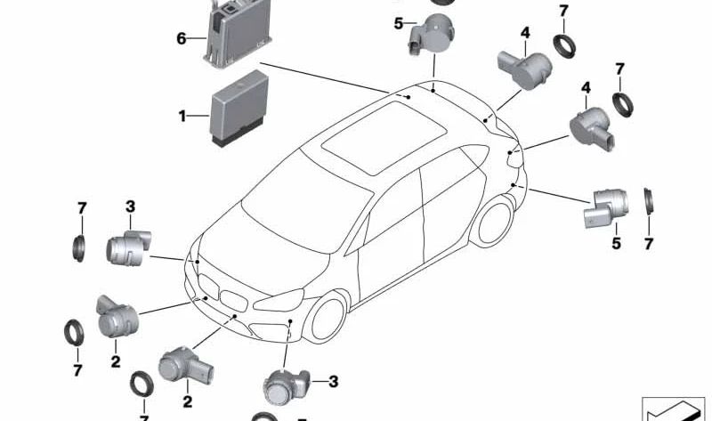 Sensor ultrasónico Plata platino para BMW Serie 2 F45, F46, Serie 5 F90, G30, G31, G38, Serie 6 G32, i I01 (OEM 66209336913). Original BMW