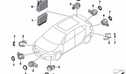 Sensor ultrasónico Plata platino para BMW Serie 2 F45, F46, Serie 5 F90, G30, G31, G38, Serie 6 G32, i I01 (OEM 66209336913). Original BMW