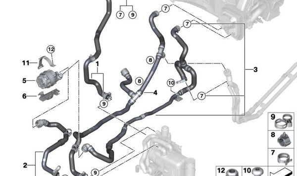 Bomba auxiliar de refrigerante OEM 11518642732 para BMW F30, F31, G07, G05, G11, G12, G30, G32. Original BMW.