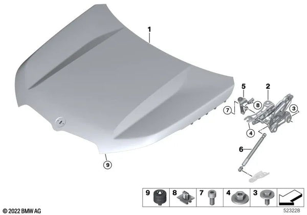 Bisagra capó delantero derecho para BMW U11, U12 (OEM 41009629174). Original BMW