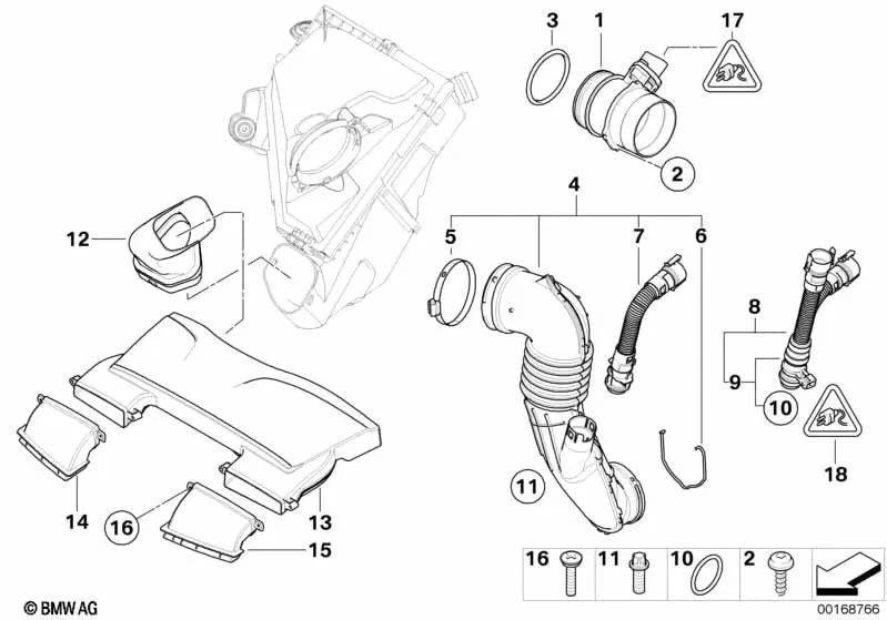 Conducto de admisión derecho para BMW Serie 1 E81, E82, E87, E87N, E88 (OEM 13717547591). Original BMW