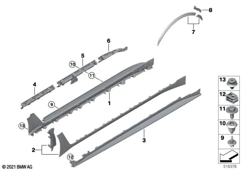 Revestimiento inferior del umbral izquierdo para BMW E46, F30, F80 (OEM 51775A36101). Original BMW