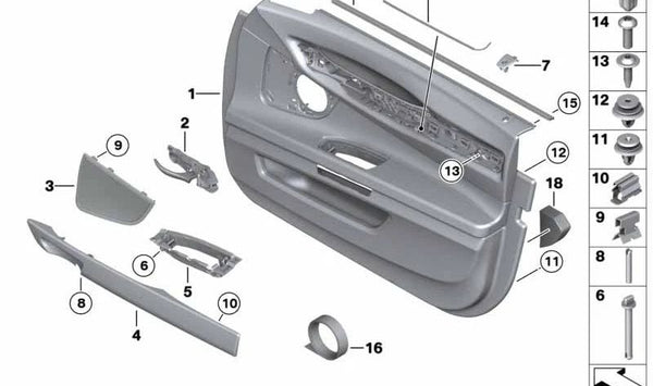 Panel de puerta de cuero delantero derecho OEM 51419160808 para BMW F01, F02, F04. Original BMW.