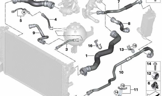 Manguera del radiador OEM 17128573220 para BMW G30, G31, G32, G11, G12, G14, G15, G16. Original BMW.