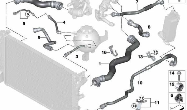 Manguera del radiador OEM 17128573220 para BMW G30, G31, G32, G11, G12, G14, G15, G16. Original BMW.