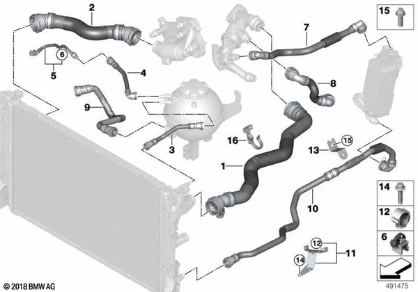 Manguera de Refrigerante para BMW Serie 5 G30, G30N, G31, Serie 6 G32, G32N, Serie 7 G11, G11N, G12, G12N, Serie 8 G14, G15, G16 (OEM 17128572906). Original BMW.