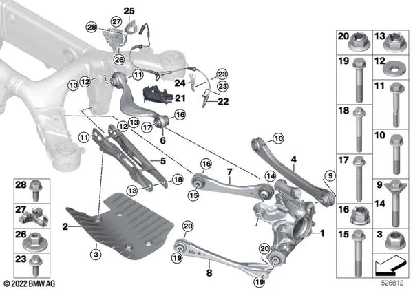 Brazo de control con cojinete de goma derecho para BMW X5 F95, F95N, X6 F96, F96N, XM G09 (OEM 33308091184). Original BMW