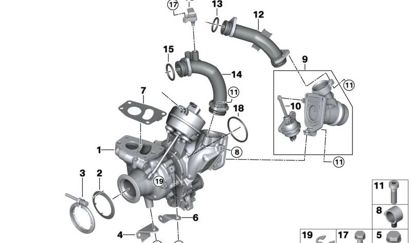 Valvola Turbo Peribo OEM 11658587518 per BMW G42, G20, G21, G28, G22, G23, G26, G30, G31, G32, G01, G02. BMW originale.