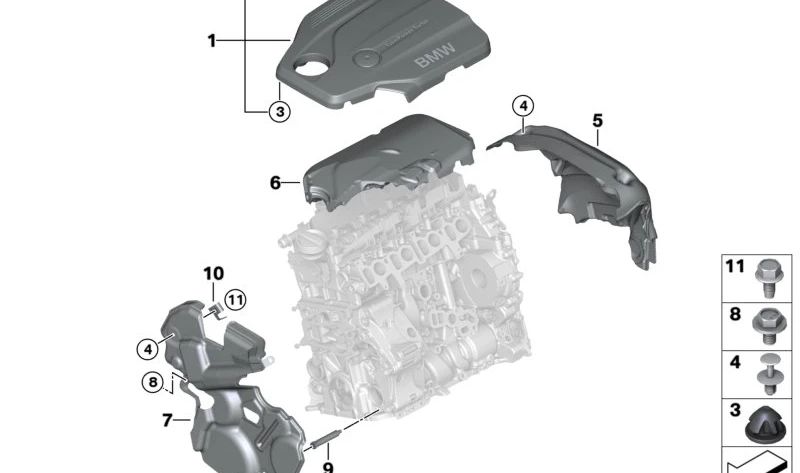 Cubierta acústica delantera OEM 11148490575 para BMW F10, F11, F25, F26, F15. Original BMW.