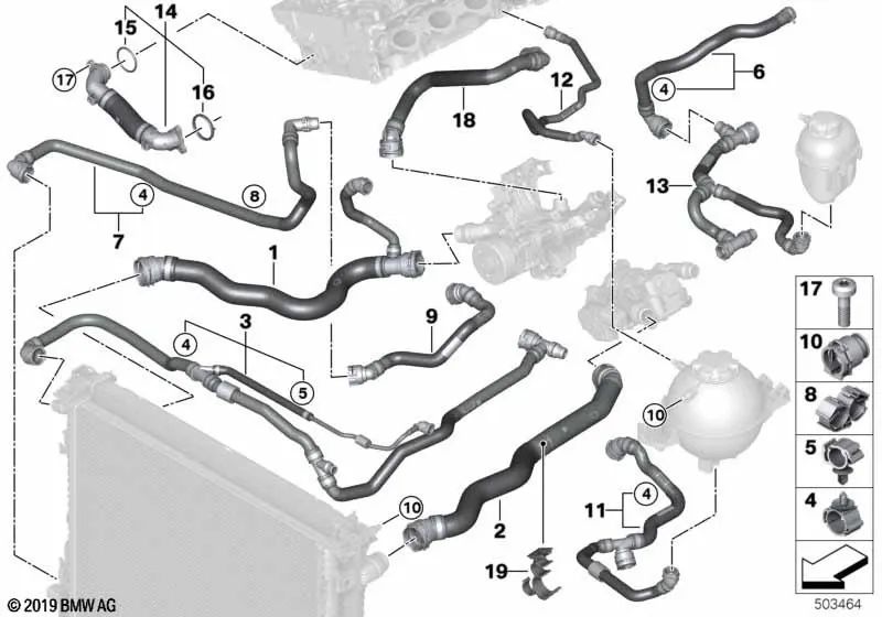 Soporte de la tubería del refrigerante para BMW X3 G01, G08, X4 G02, X5 G05, G18, X6 G06 (OEM 17128654876). Original BMW