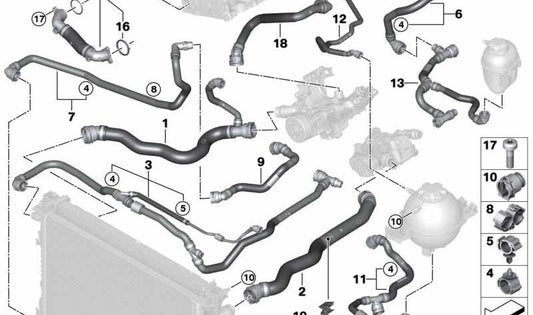 Manguera del depósito de compensación de la culata para BMW X3 G01, G08, X4 G02 (OEM 17125A4E4B5). Original BMW