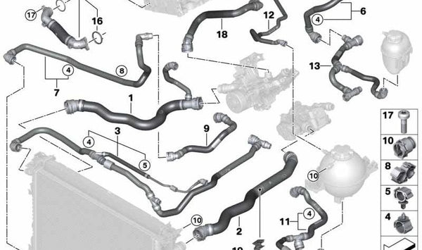 Tubo de retorno del refrigerante OEM 17128669124 para BMW G01, G02, G30, G31, G11, G12, G15. Original BMW.