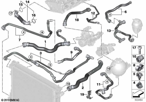 Soporte de la tubería del refrigerante para BMW X3 G01, G08, X4 G02, X5 G05, G18, X6 G06 (OEM 17128654876). Original BMW