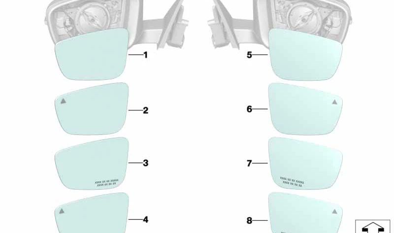 Cristal del espejo calefactado asférico derecho para BMW F40, F44 (OEM 51167482762). Original BMW