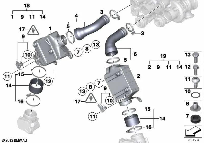 Manguera de aire de carga para BMW F07, F10, F11, F06, F12, F13, F01N, F02N, E70N, F15, E71, F16 (OEM 13717575408). Original BMW