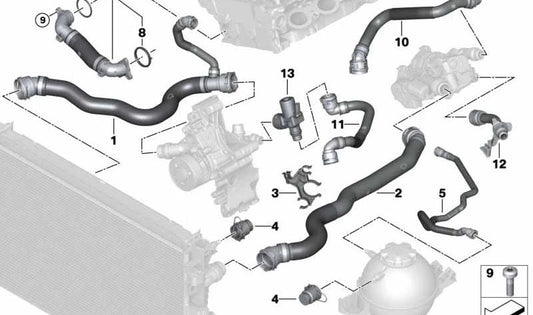 Tubo del Cabezal del Cilindro al Depósito de Expansión para BMW Serie 5 G30, G31, G38, Serie 6 G32, Serie 7 G11N, G12N (OEM 17128678494). Original BMW