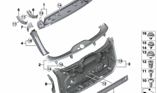 Revestimiento interior izquierdo del portón trasero para BMW Serie 3 G21, G21N, G81, G81N (OEM 51497946707). Original BMW