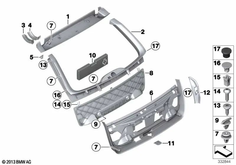 Left water gutter cover for BMW F11, F11N (OEM 51497233879). Original BMW.