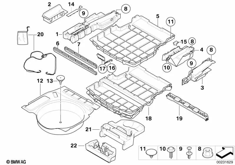 Revestimiento del hueco para la rueda de repuesto para BMW Serie 5 E61, E61N (OEM 51477137461). Original BMW.