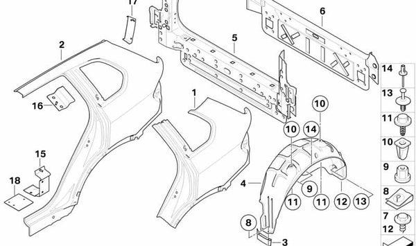 Cubierta del paso de rueda trasero izquierdo para BMW X5 E70 (OEM 51487248209). Original BMW